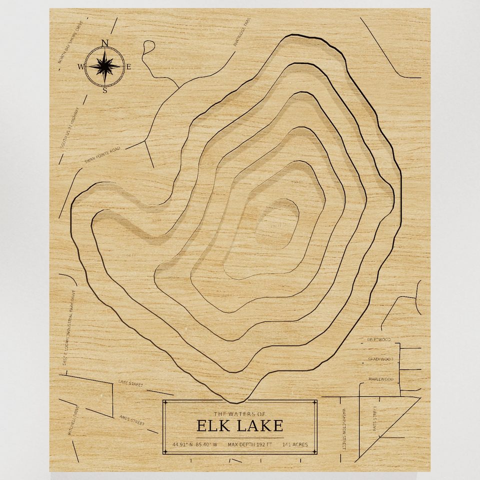 Elk Lake 3D wood map, front view