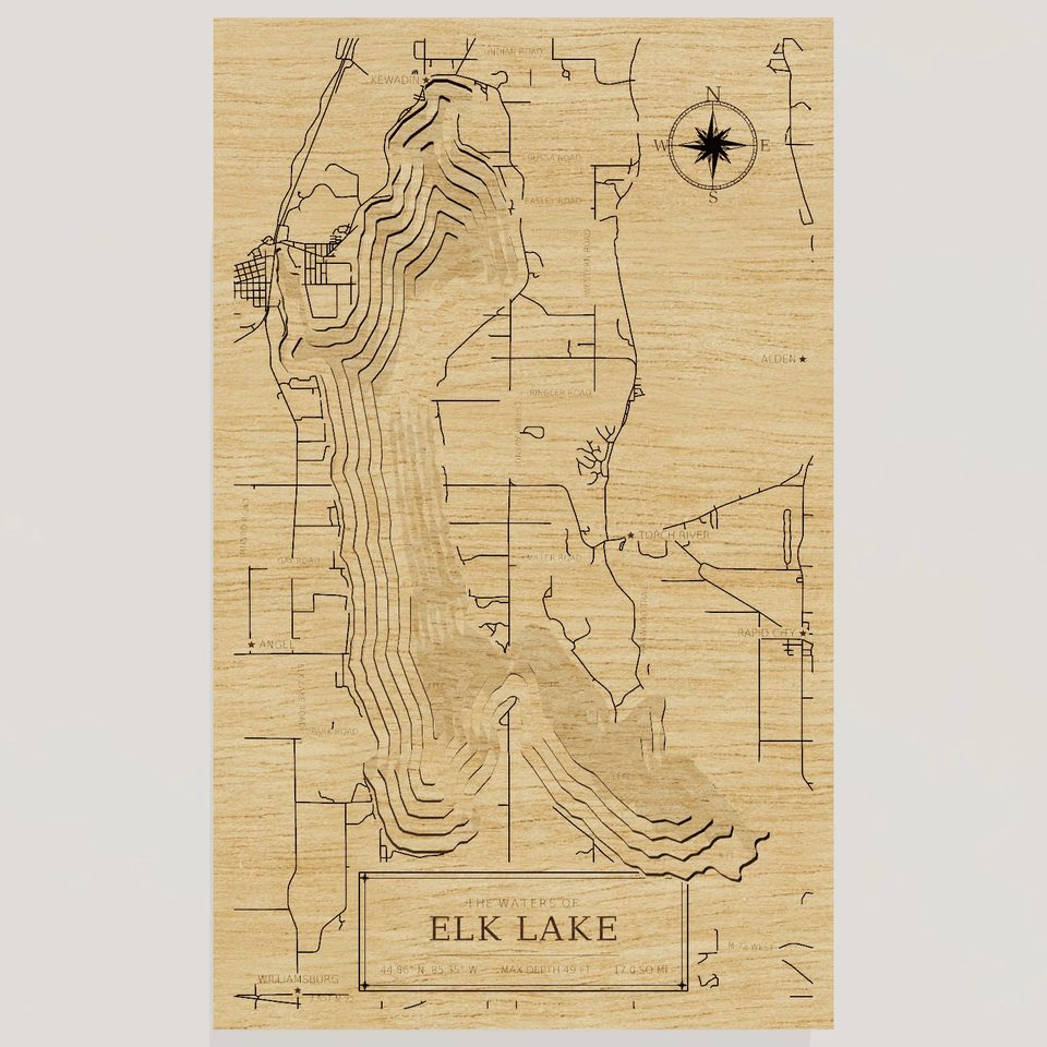Elk Lake 3D wood map, front view