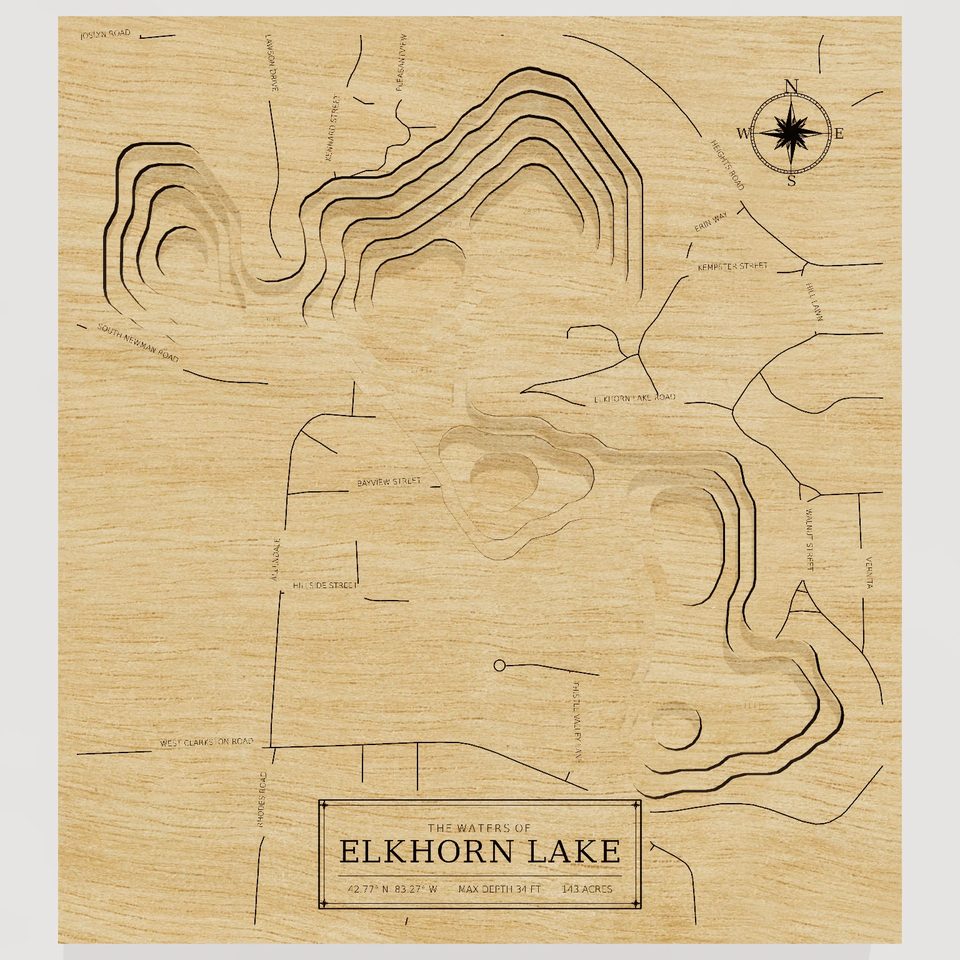 Elkhorn Lake 3D wood map, front view