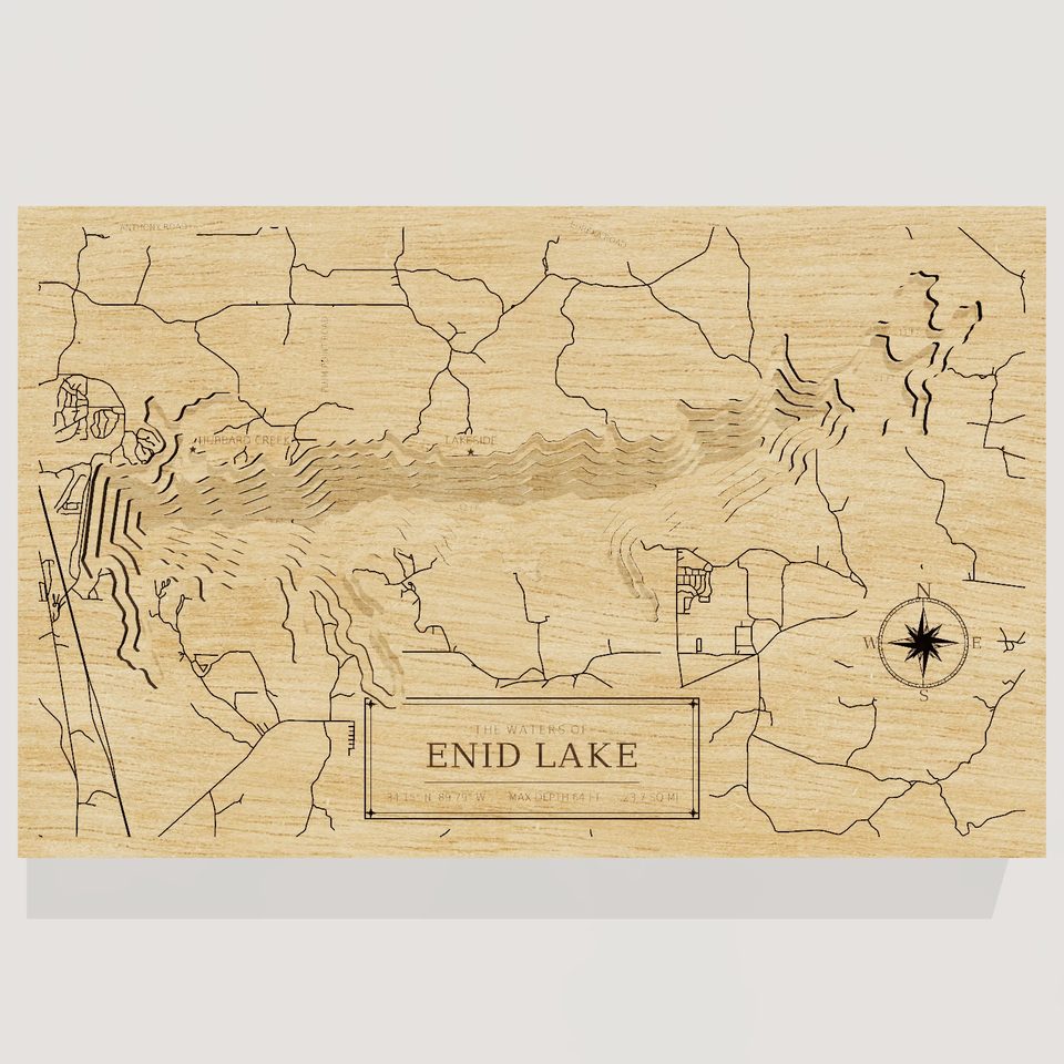 Enid Lake 3D wood map, front view