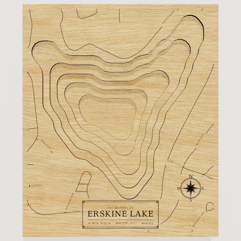Erskine Lake 3D wood map, front view