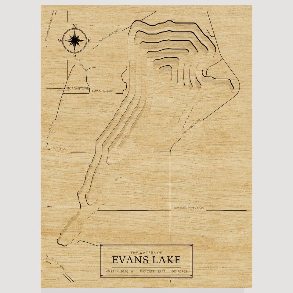 Evans Lake 3D wood map, front view