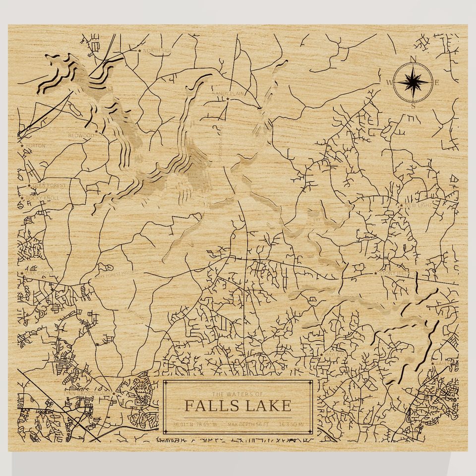 Falls Lake 3D wood map, front view