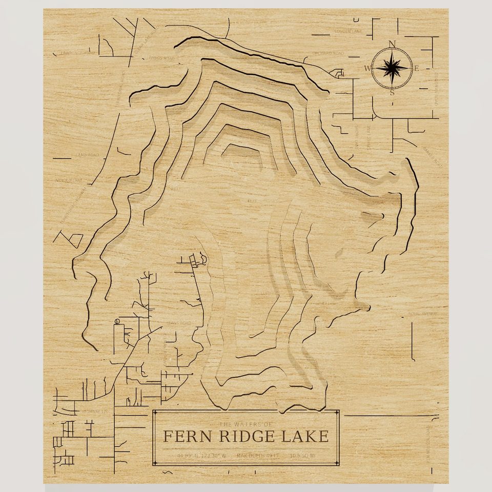 Fern Ridge Lake 3D wood map, front view