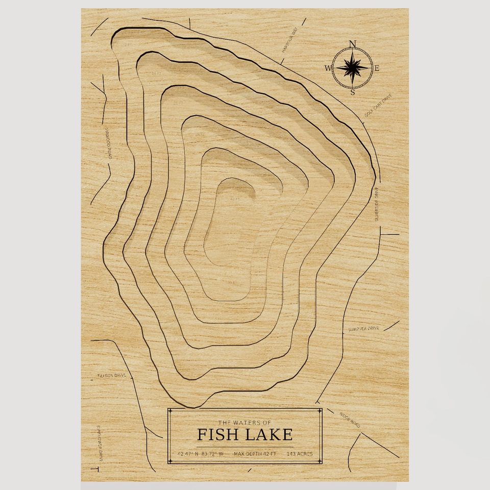 Fish Lake 3D wood map, front view