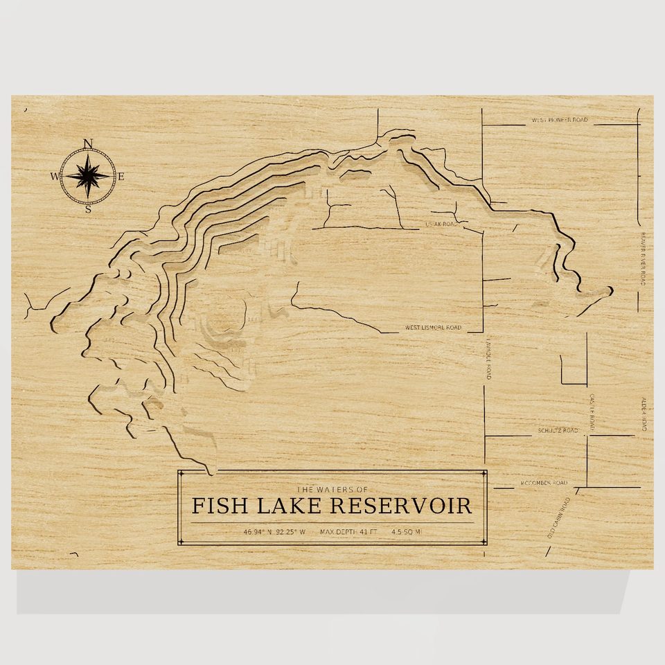 Fish Lake Reservoir 3D wood map, front view