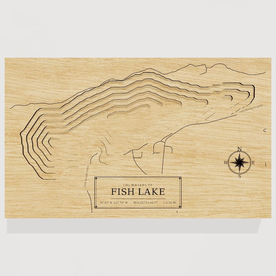 Fish Lake 3D wood map, front view