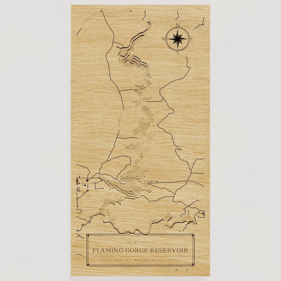 Flaming Gorge Reservoir 3D wood map, front view