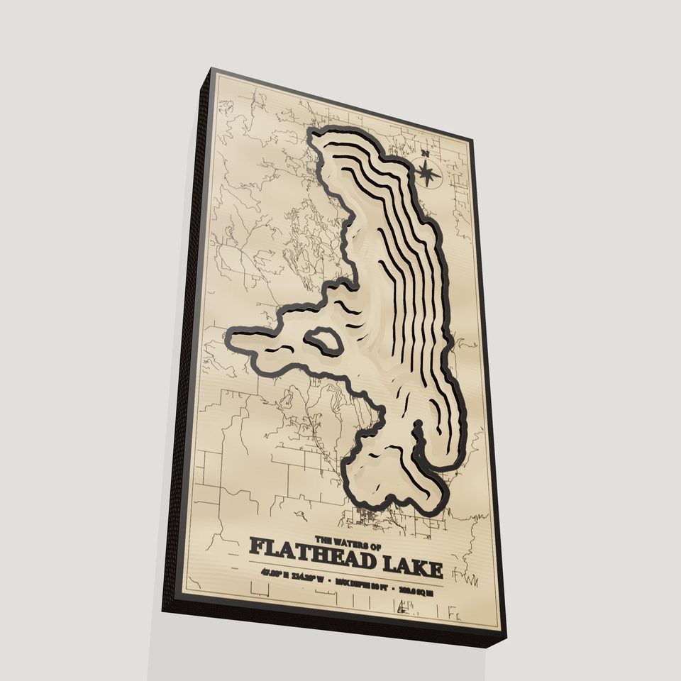 Flathead Lake 3D wood map, angle low view
