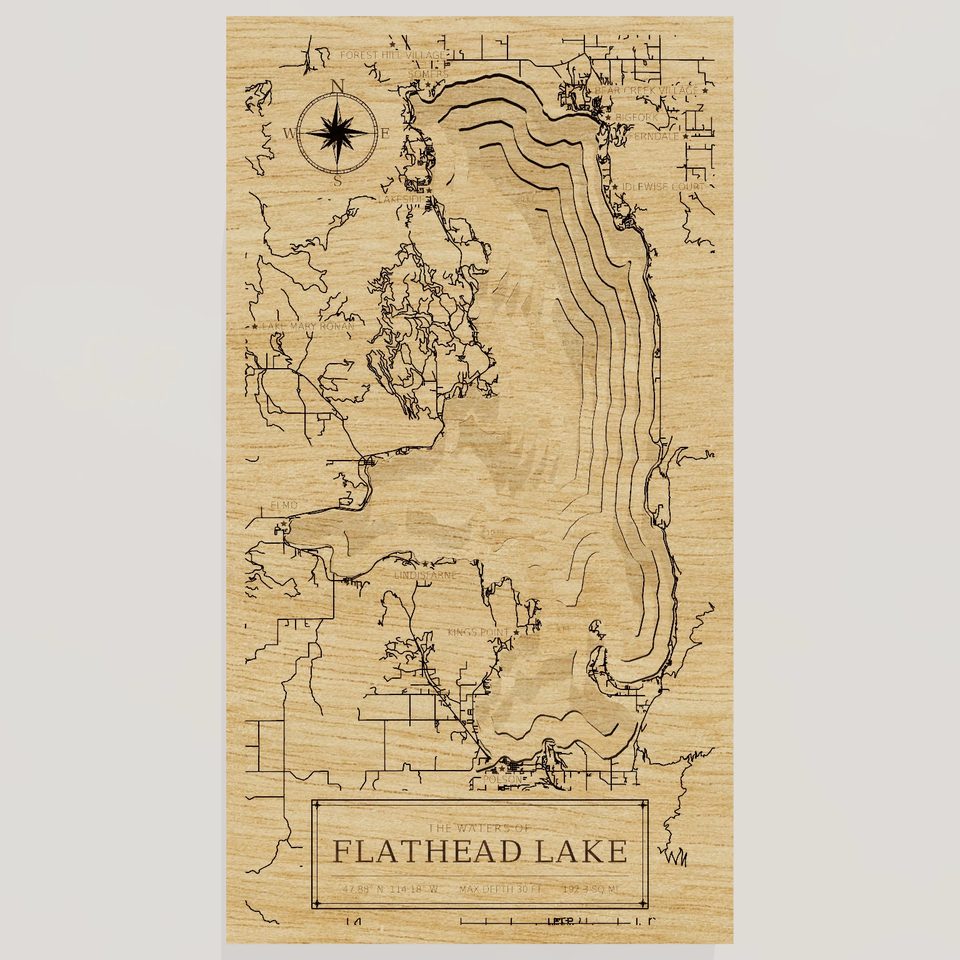 Flathead Lake 3D wood map, front view