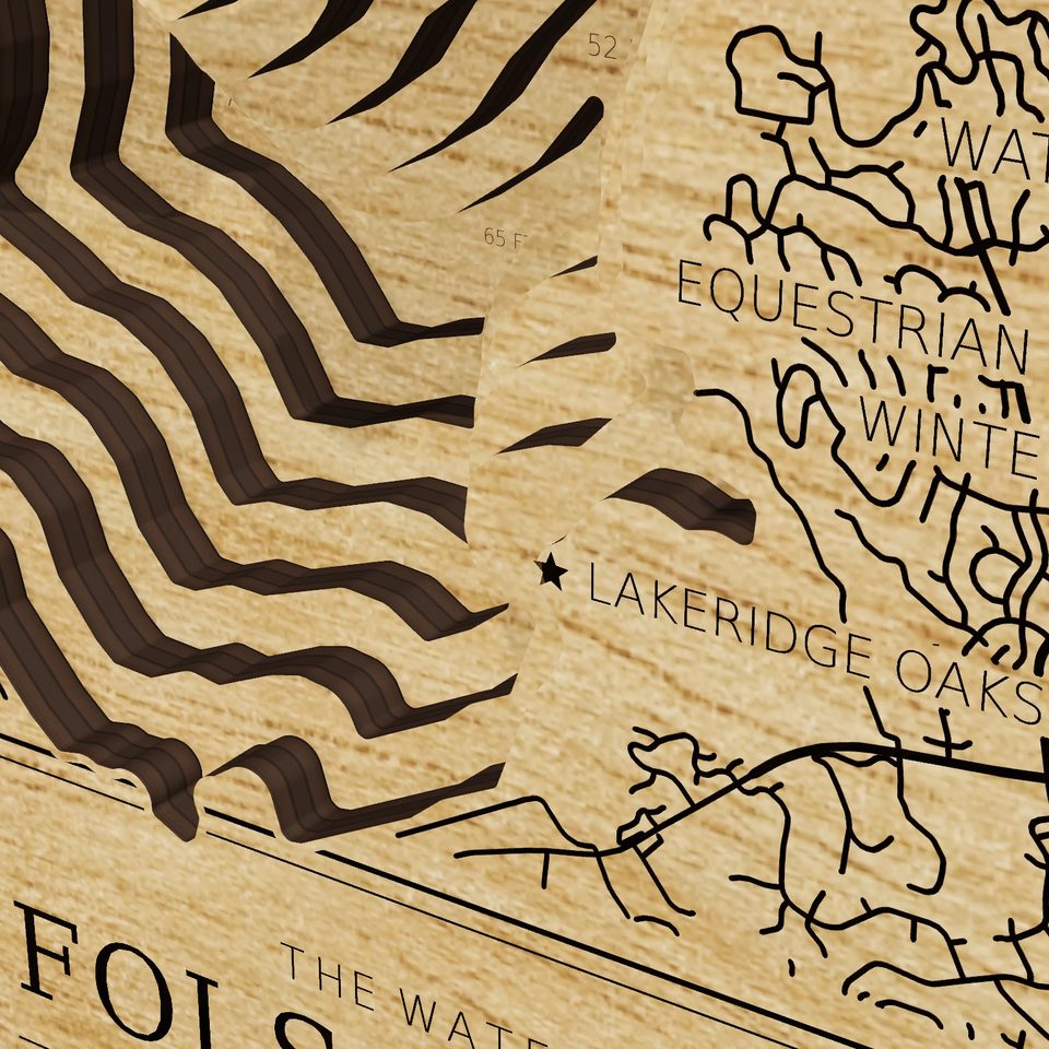Folsom Lake 3D wood map, detail view