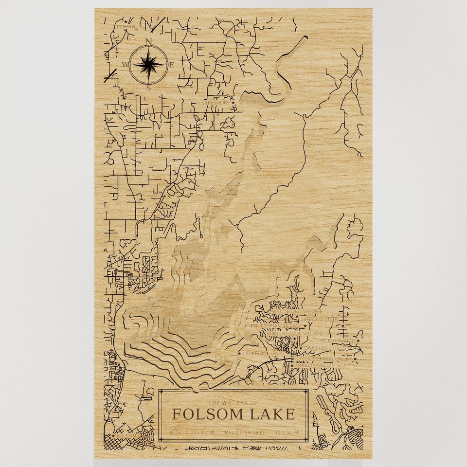 Folsom Lake 3D wood map, front view