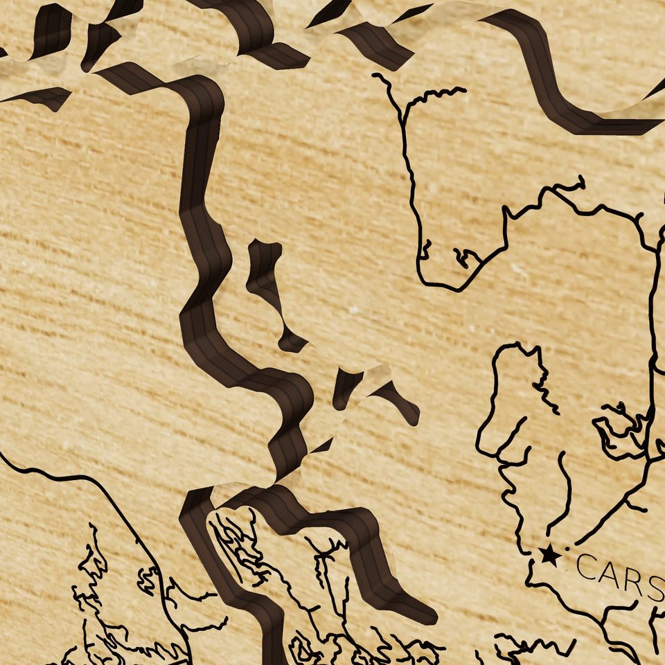 Fontana Lake 3D wood map, detail view