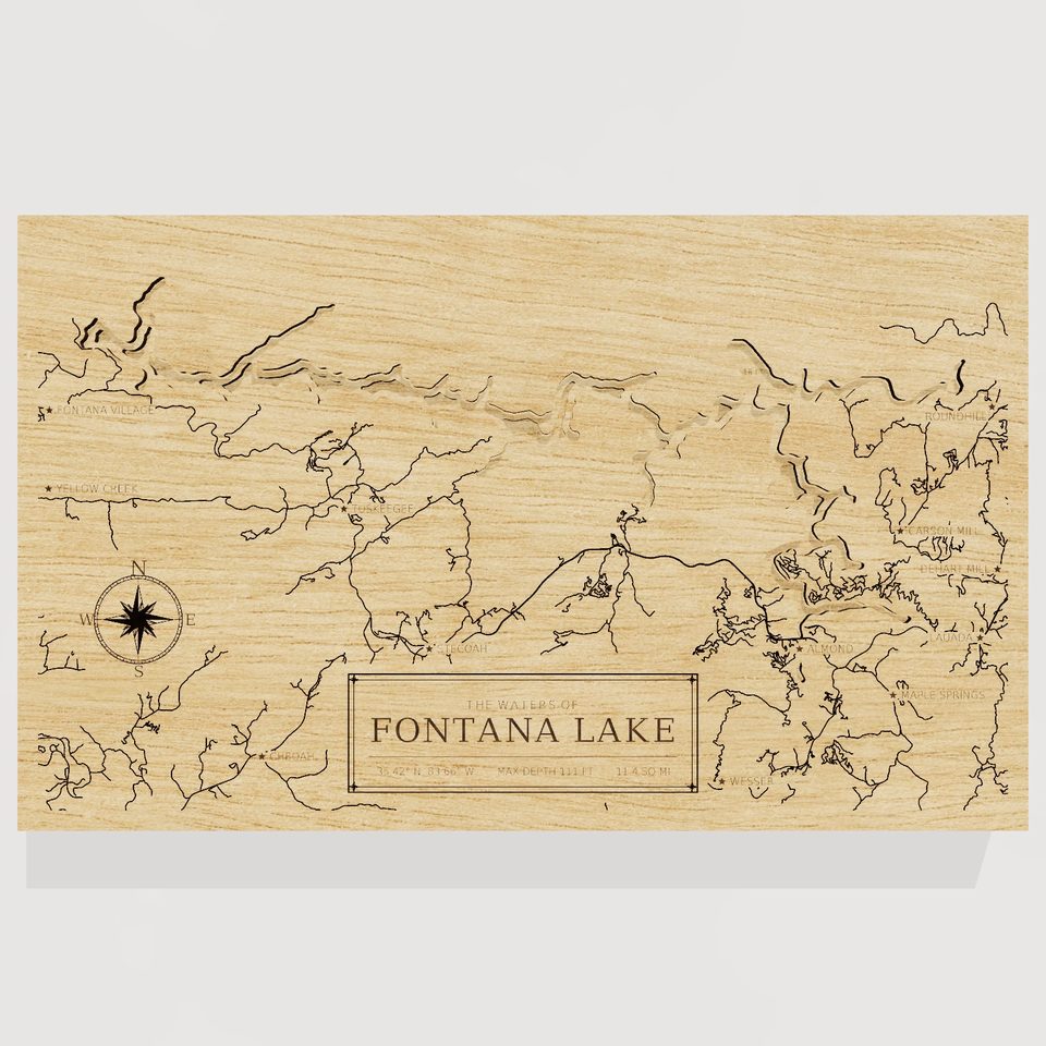 Fontana Lake 3D wood map, front view