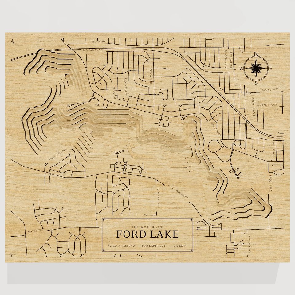 Ford Lake 3D wood map, front view