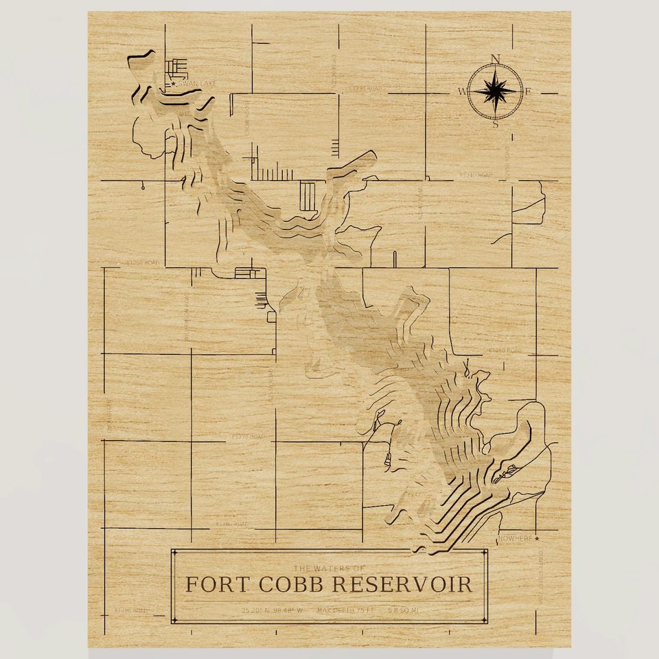 Fort Cobb Reservoir 3D wood map, front view