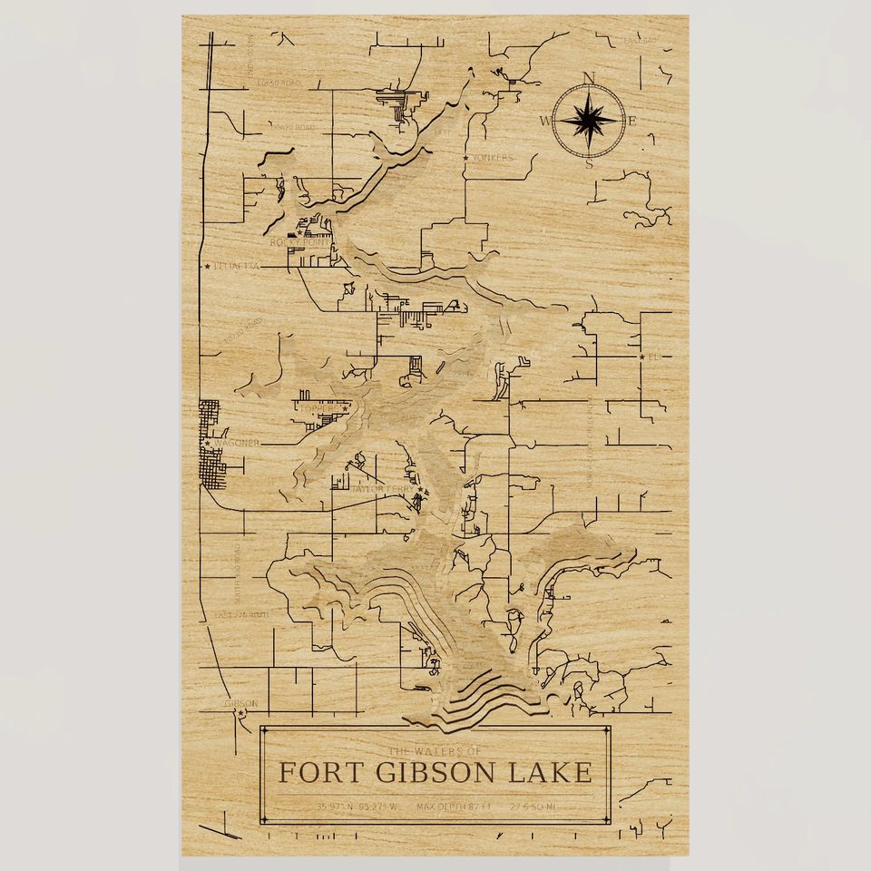 Fort Gibson Lake 3D wood map, front view
