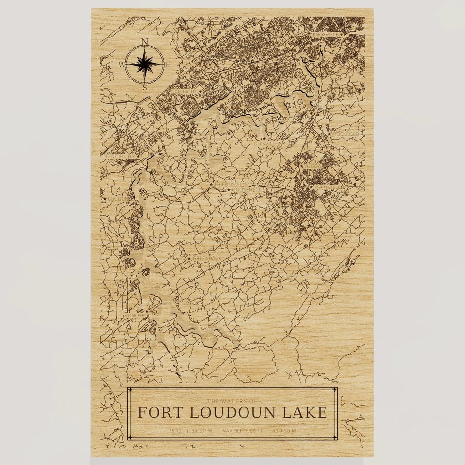 Fort Loudoun Lake 3D wood map, front view