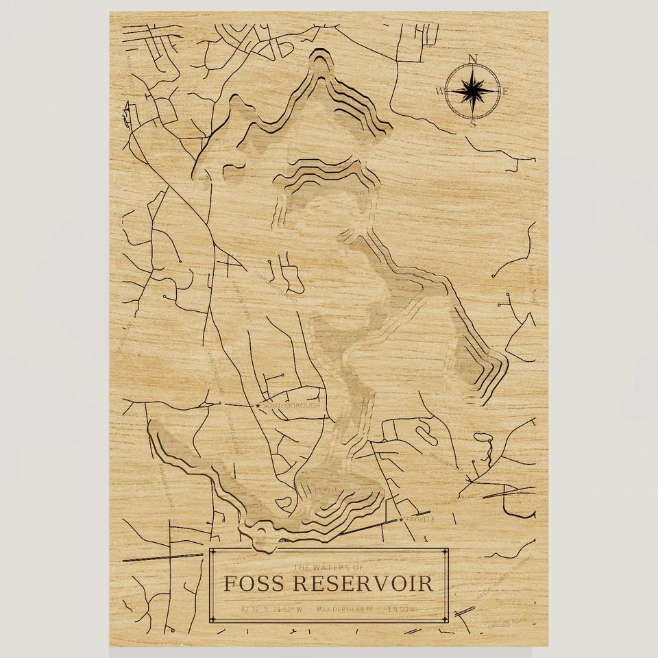 Foss Reservoir 3D wood map, front view