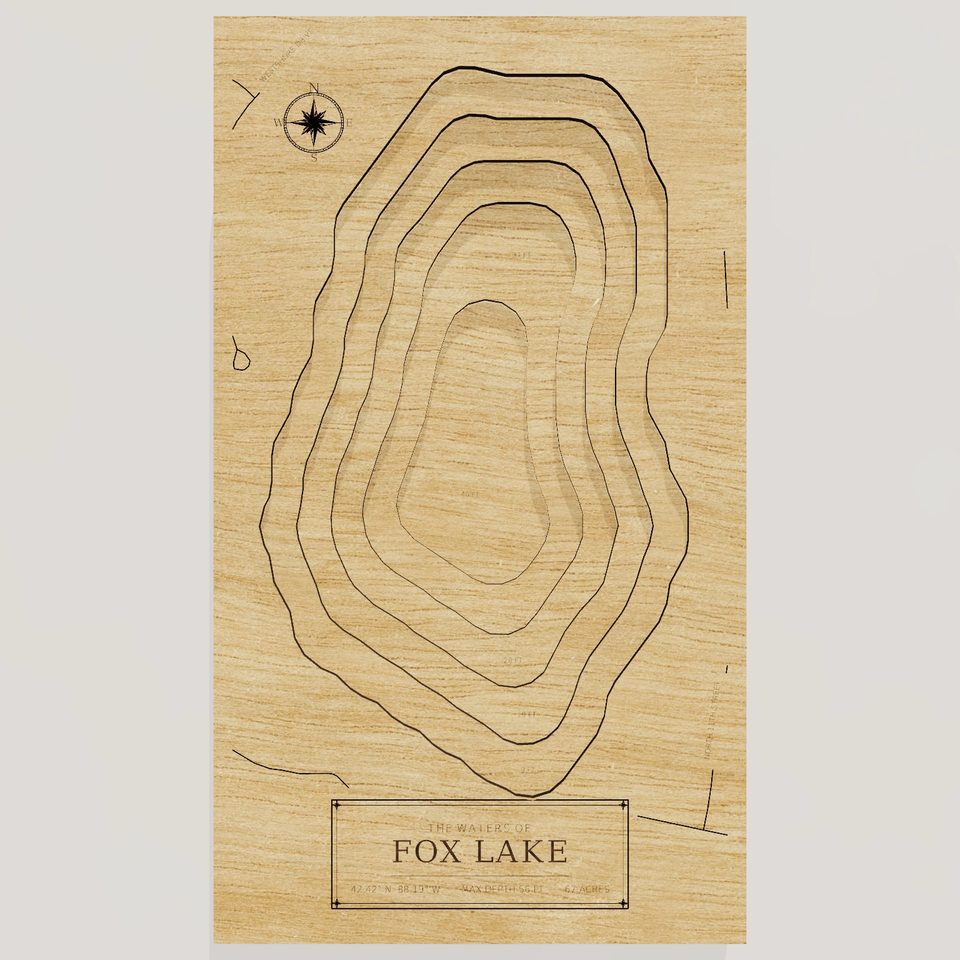 Fox Lake 3D wood map, front view