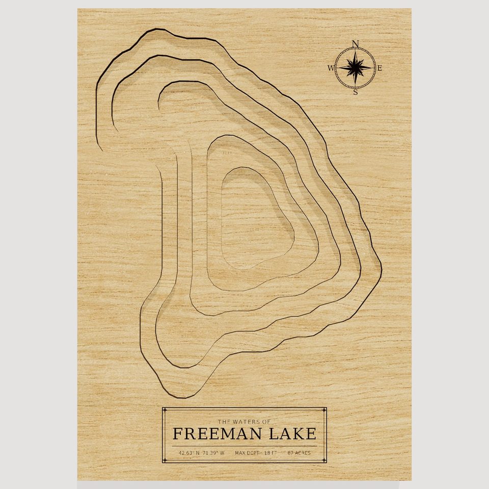 Freeman Lake 3D wood map, front view