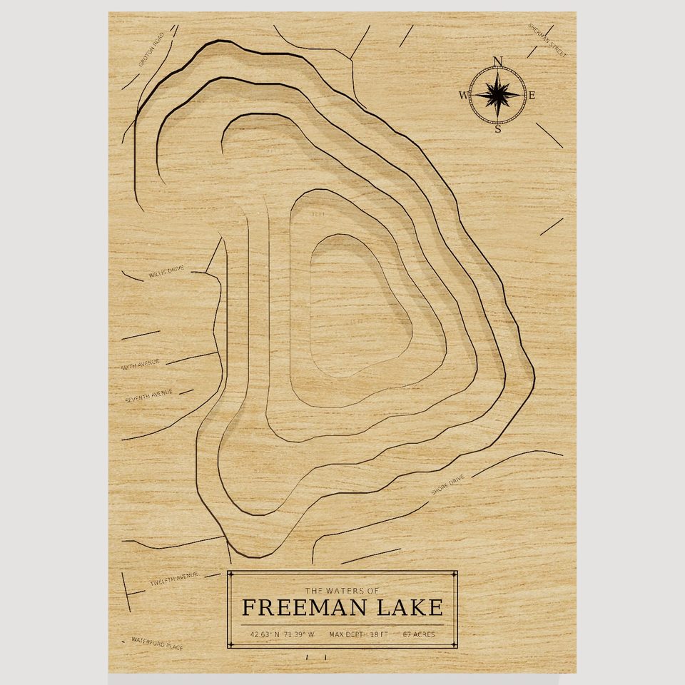 Freeman Lake 3D wood map, front view