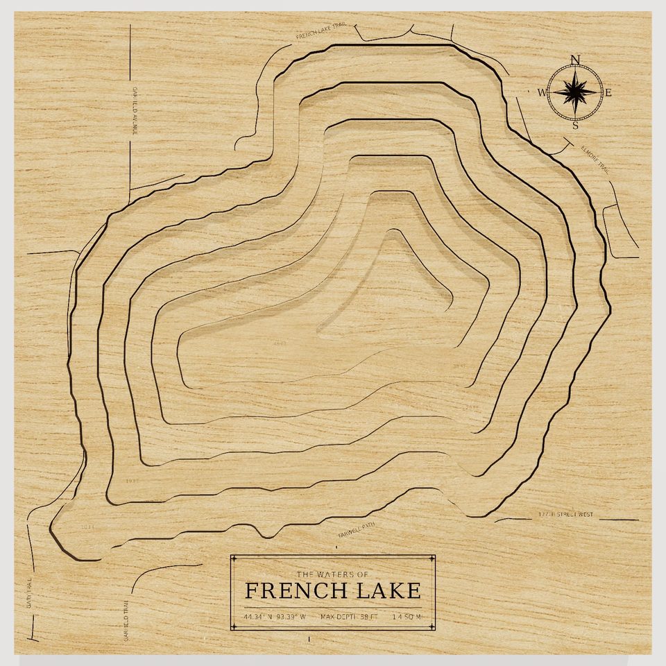 French Lake 3D wood map, front view