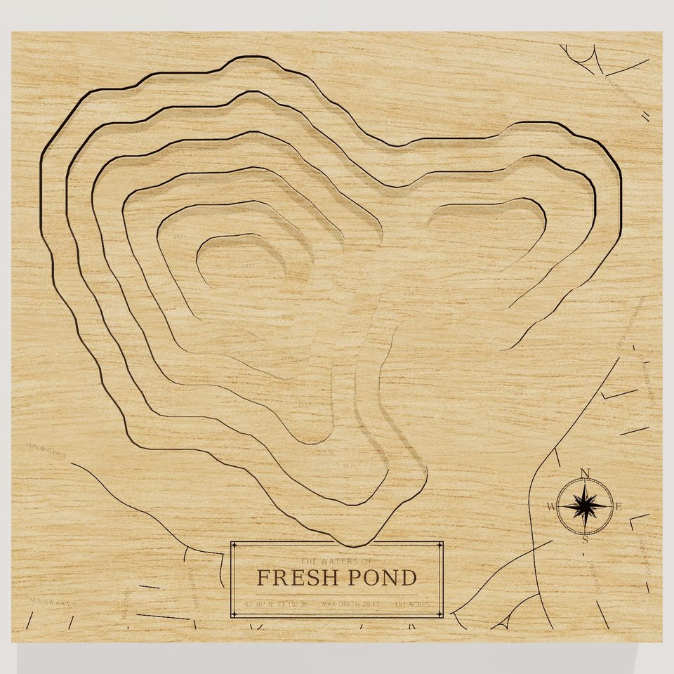 Fresh Pond 3D wood map, front view