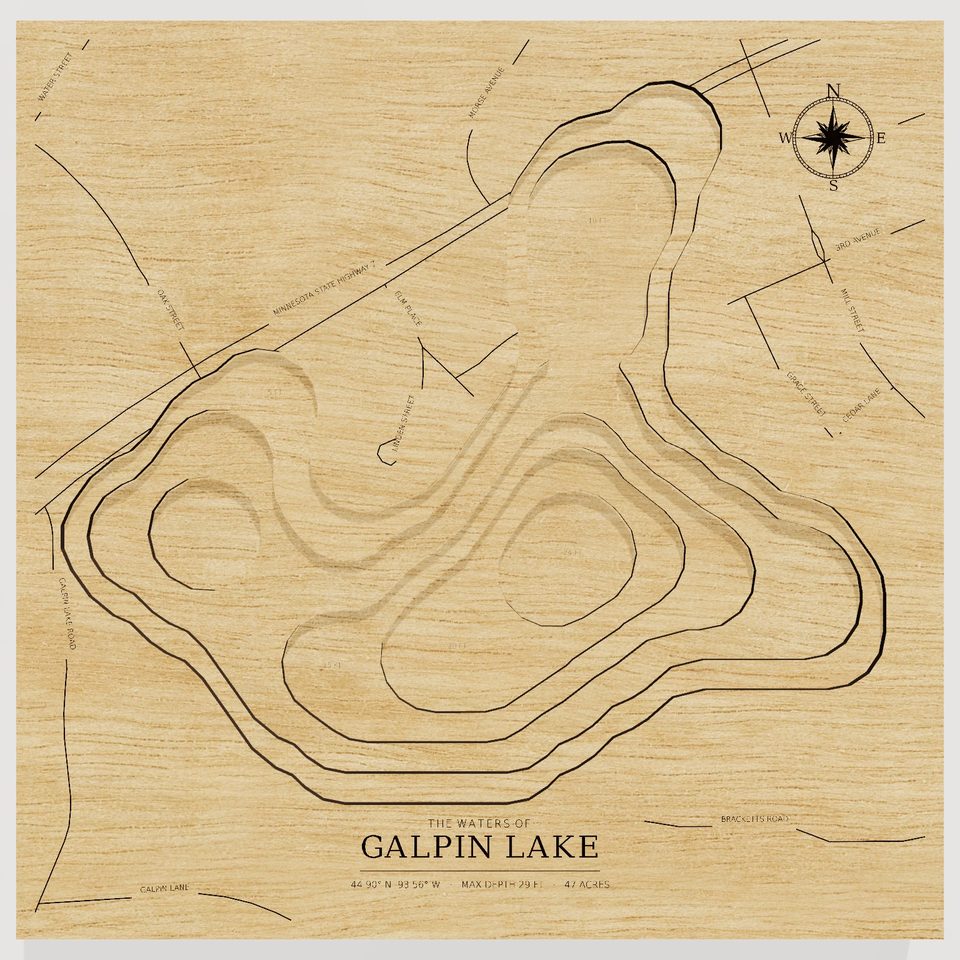 Galpin Lake 3D wood map, front view