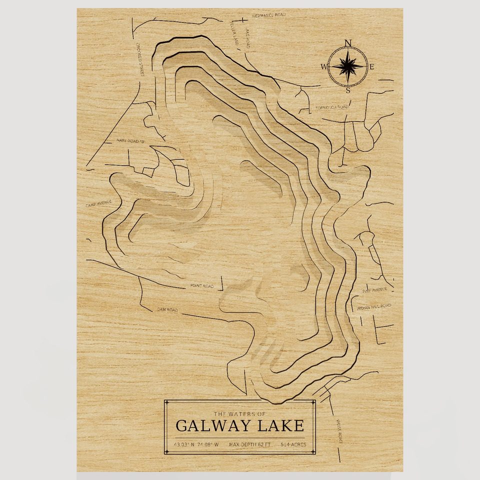 Galway Lake 3D wood map, front view