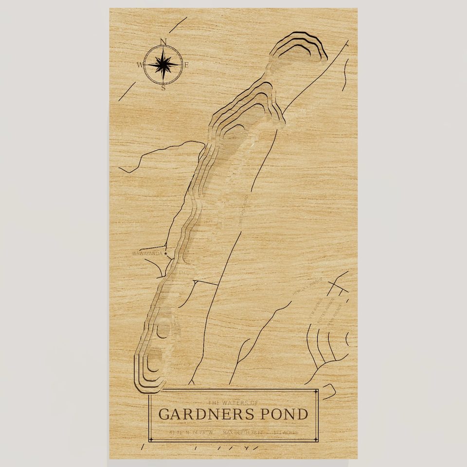 Gardners Pond 3D wood map, front view