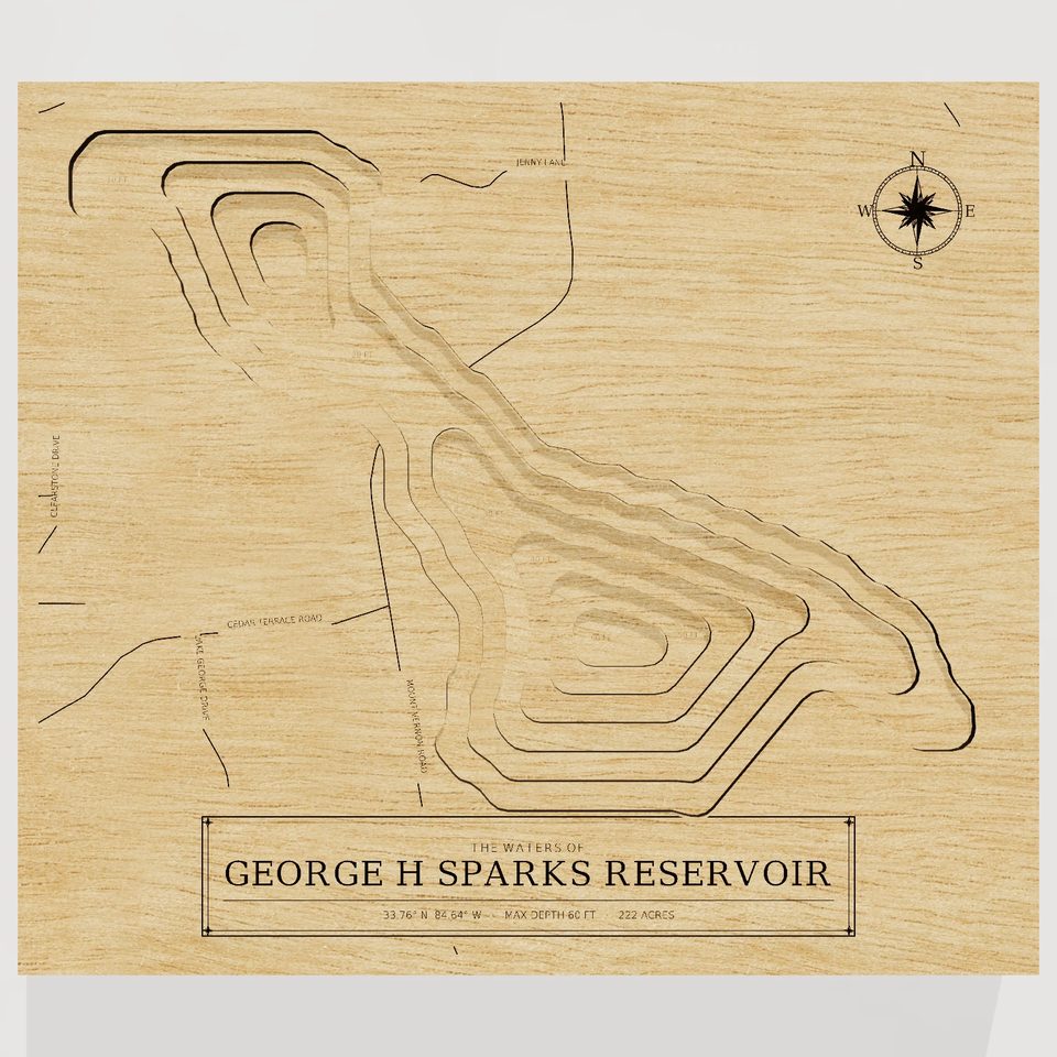 George H Sparks Reservoir 3D wood map, front view