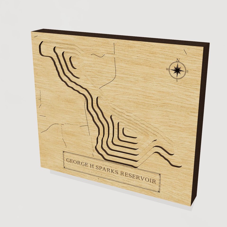 George H Sparks Reservoir 3D wood map, hero view