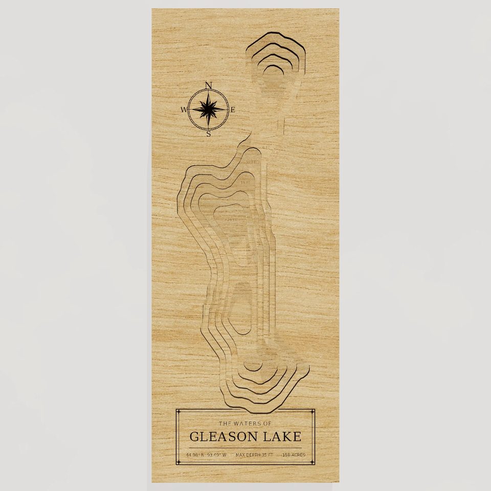 Gleason Lake 3D wood map, front view