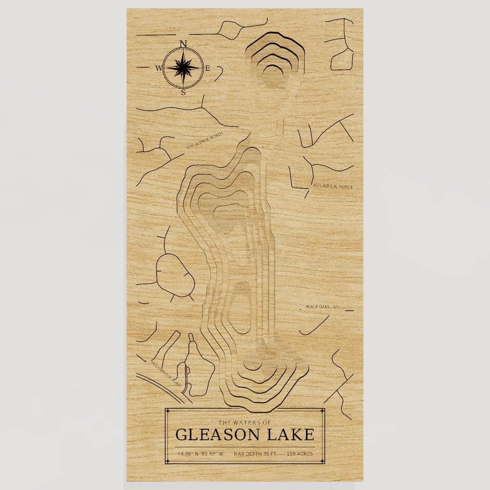 Gleason Lake 3D wood map, front view