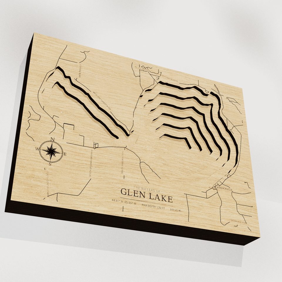 Glen Lake 3D wood map, angle low view