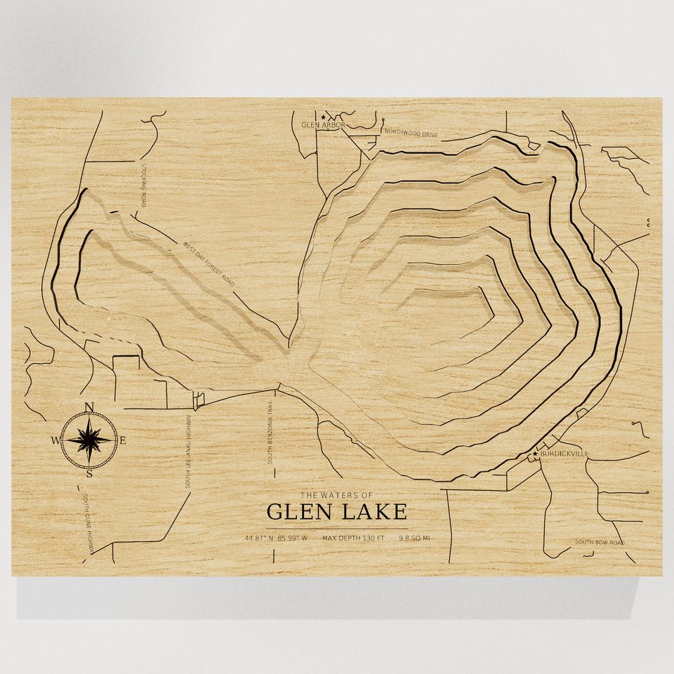 Glen Lake 3D wood map, front view