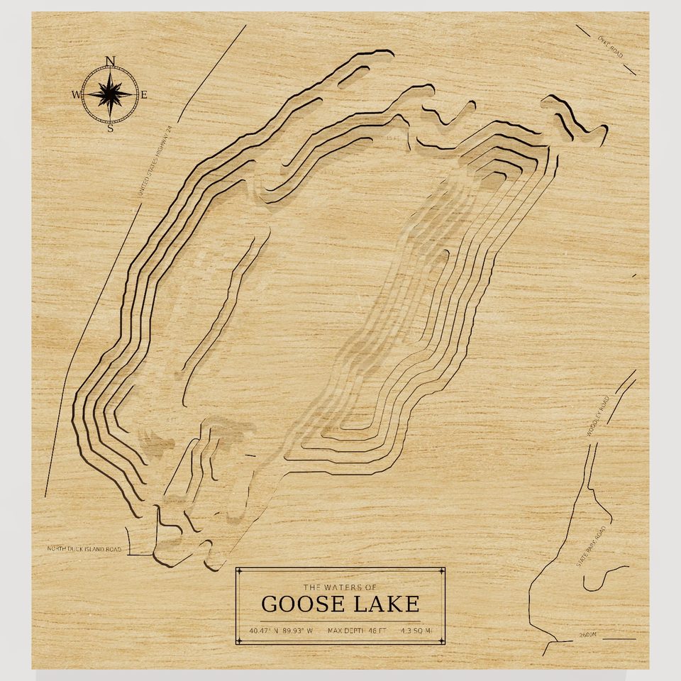 Goose Lake 3D wood map, front view