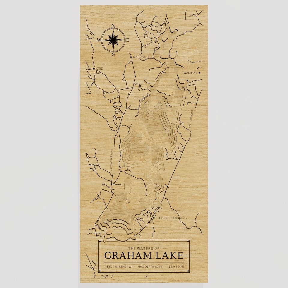 Graham Lake 3D wood map, front view