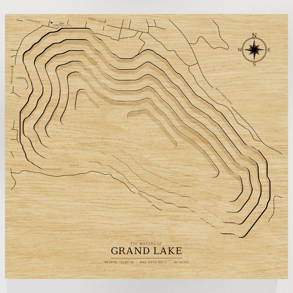 Grand Lake 3D wood map, front view