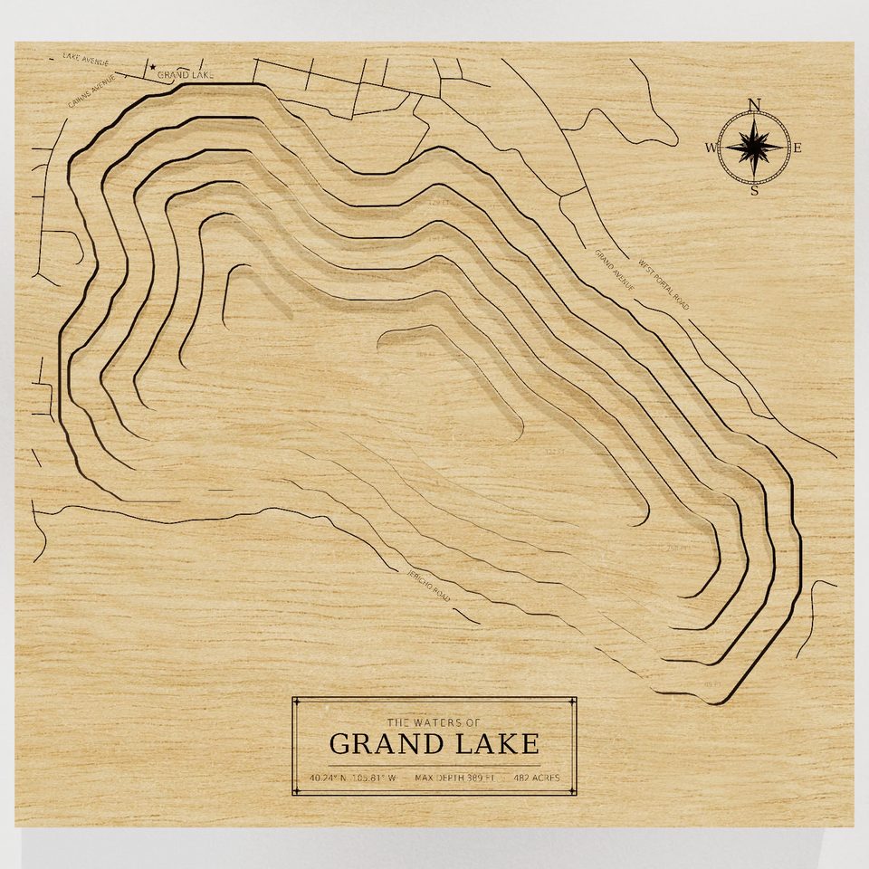 Grand Lake 3D wood map, front view