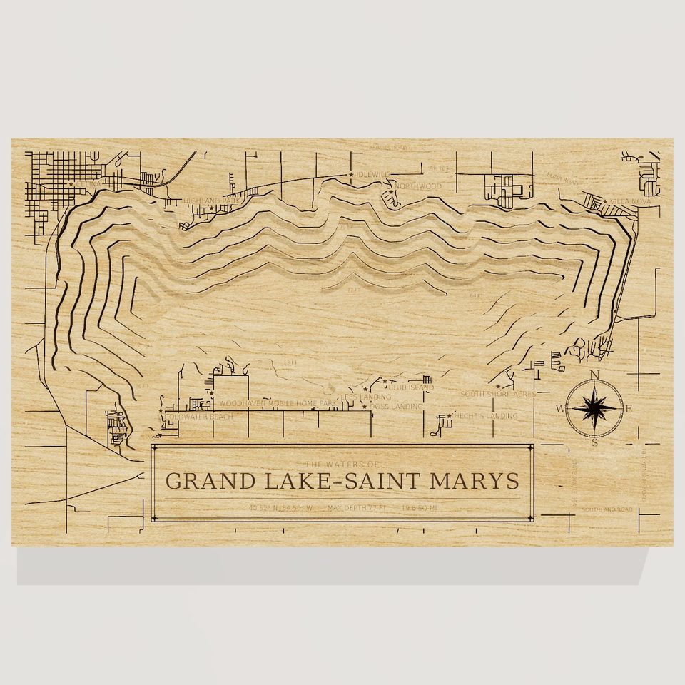 Grand Lake–Saint Marys 3D wood map, front view
