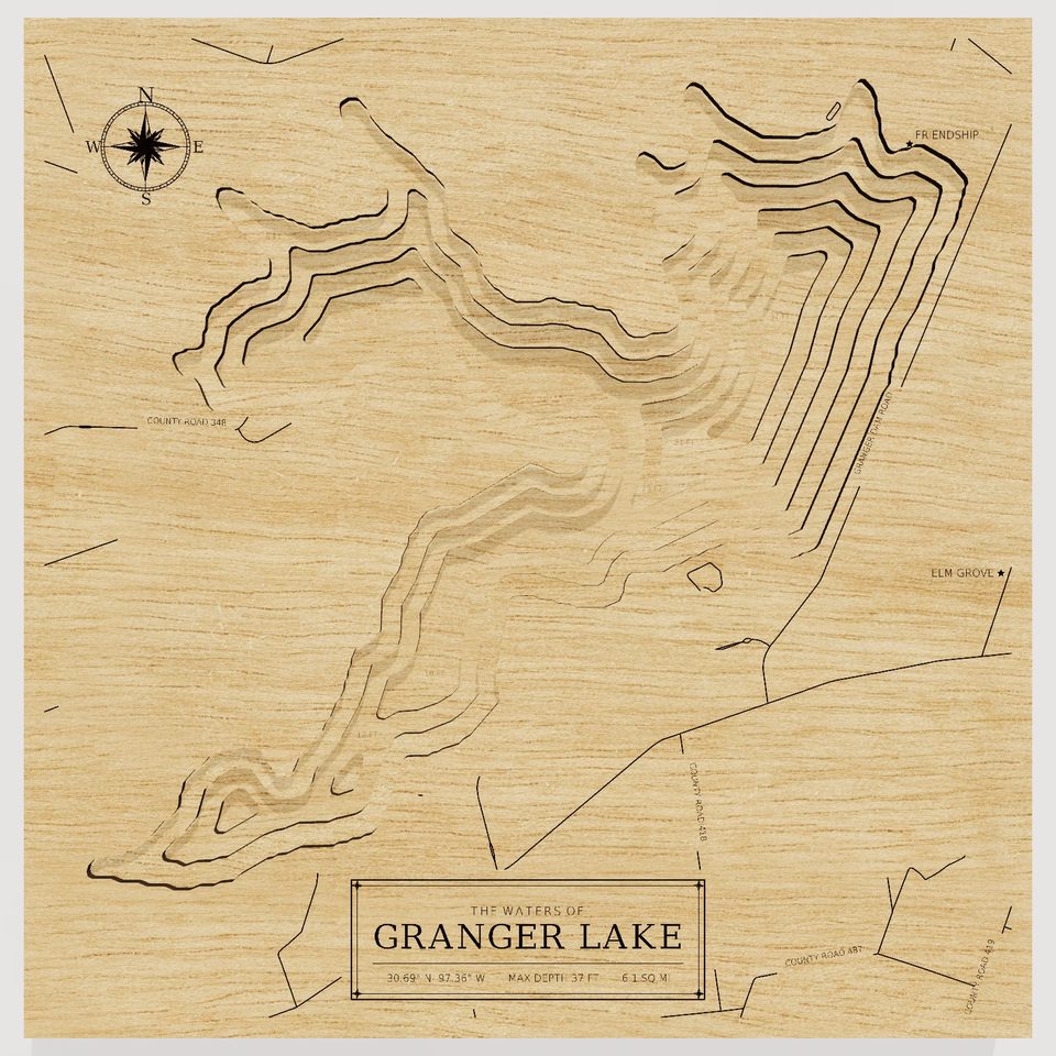 Granger Lake 3D wood map, front view