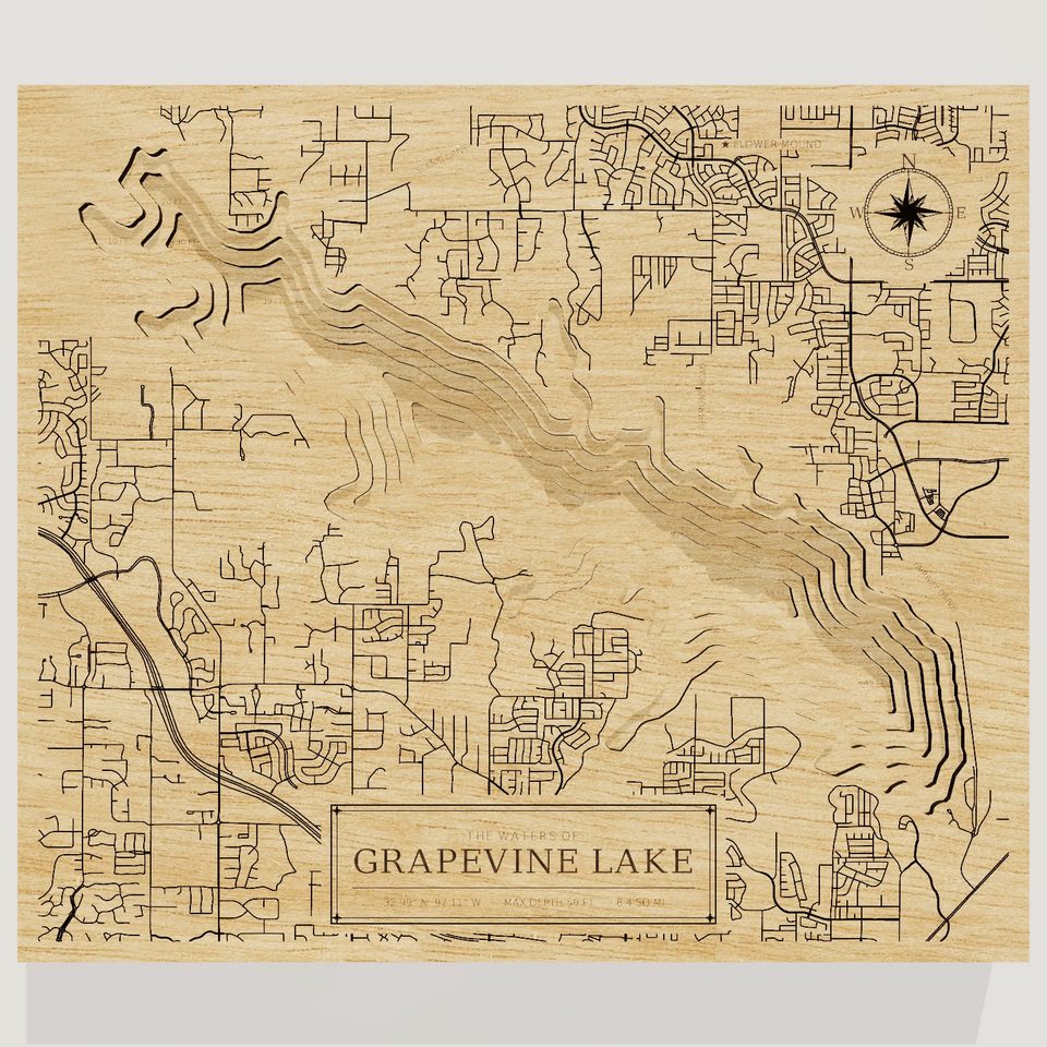 Grapevine Lake 3D wood map, front view