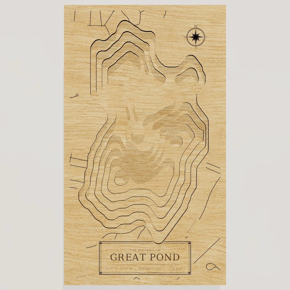 Great Pond 3D wood map, front view