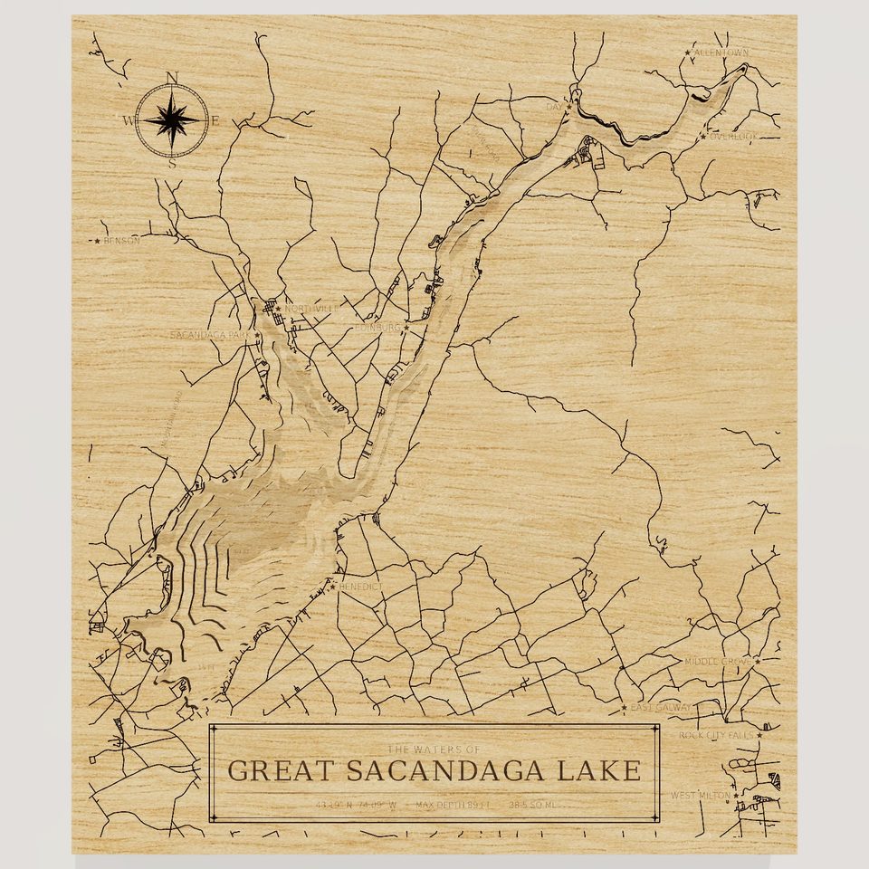 Great Sacandaga Lake 3D wood map, front view