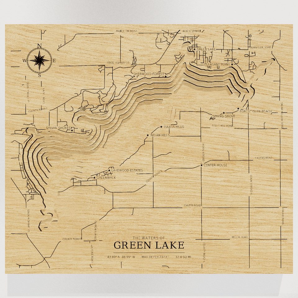 Green Lake 3D wood map, front view
