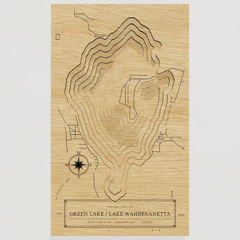 Green Lake / Lake Wahbekanetta 3D wood map, front view