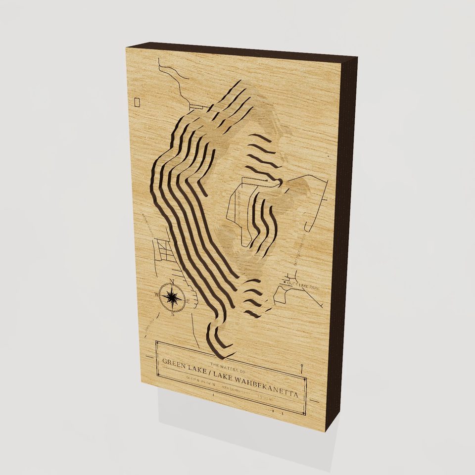 Green Lake / Lake Wahbekanetta 3D wood map, hero view