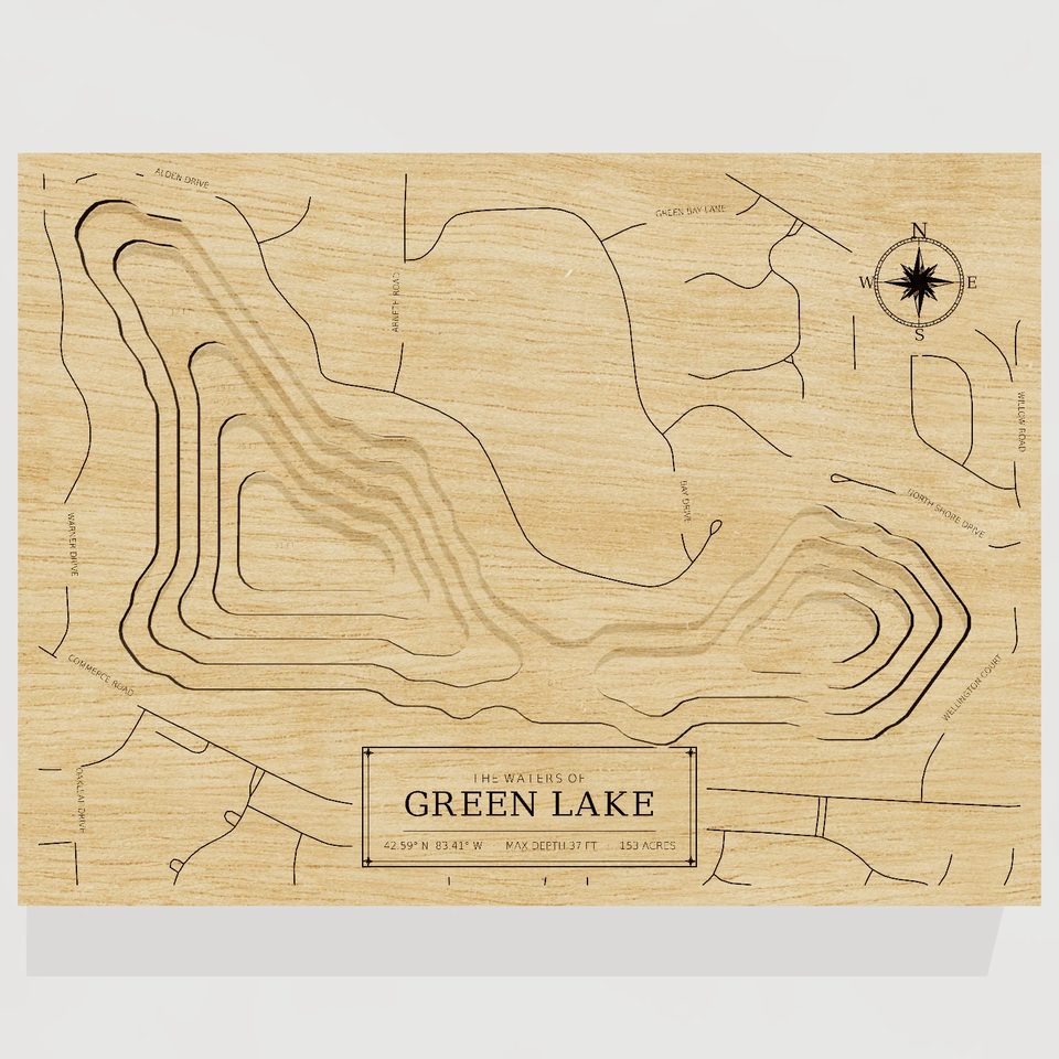 Green Lake 3D wood map, front view